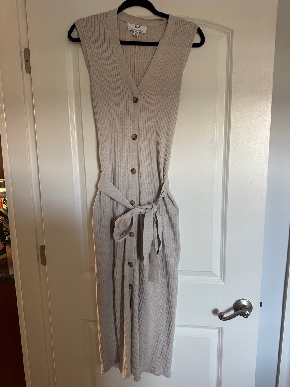 Magaschoni Sleeveless Ribbed Button-Front Midi Dress - Light Beige